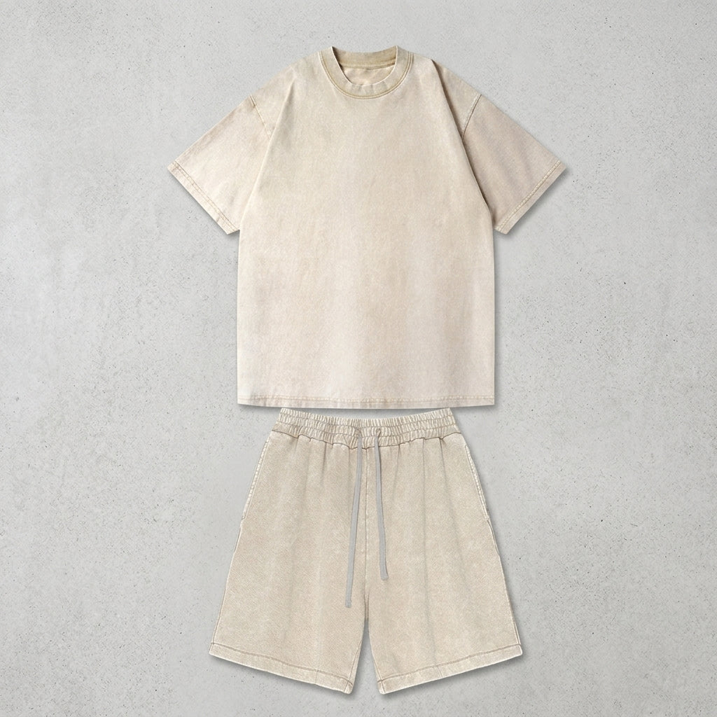 2025 Summer Washed Vintage Cotton Short Sleeve Shorts Casual Set for Men  Drako™️