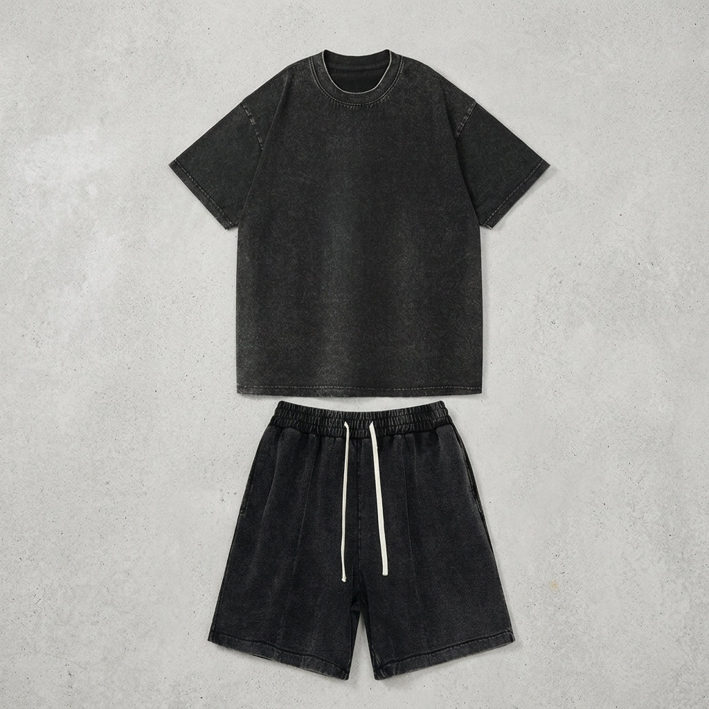 2025 Summer Washed Vintage Cotton Short Sleeve Shorts Casual Set for Men  Drako™️