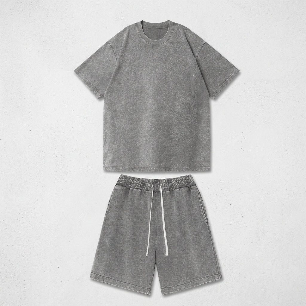 2025 Summer Washed Vintage Cotton Short Sleeve Shorts Casual Set for Men  Drako™️