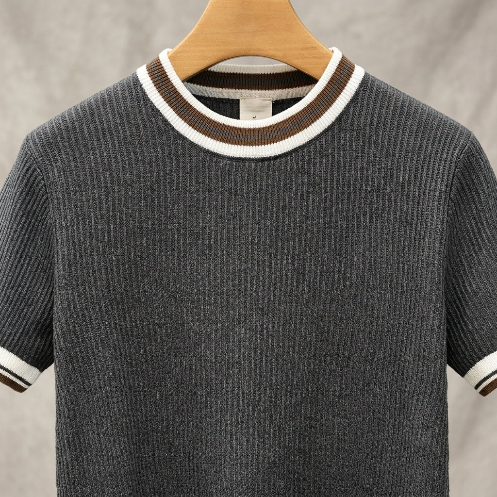 Men's White Round Neck Striped Short Sleeve Knit T-Shirt  Drako™️