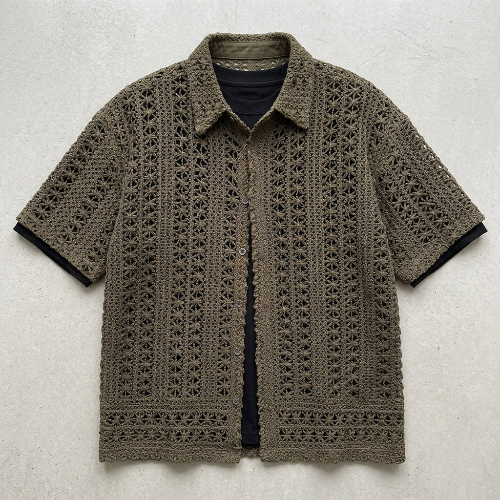 Men's Vintage Army Green Knitted Hollow Breathable Loose Short Sleeve Shirt  Drako™️