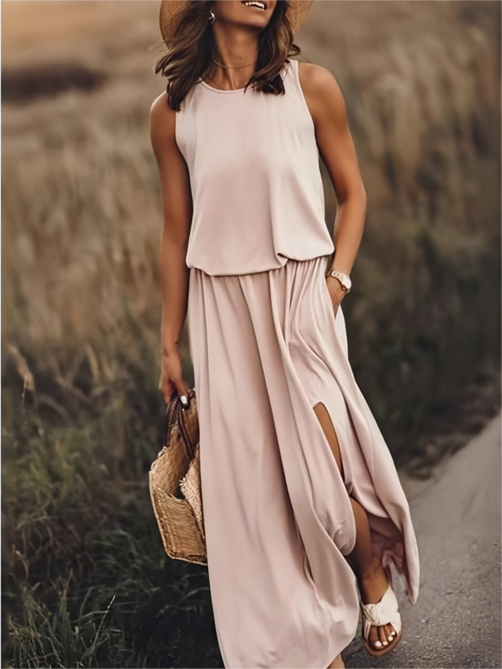Women’s Maxi Dress | Boho Style with Draped Overlay & Side Slits | Polyester Blend | Comfortable Fit  Drako™️