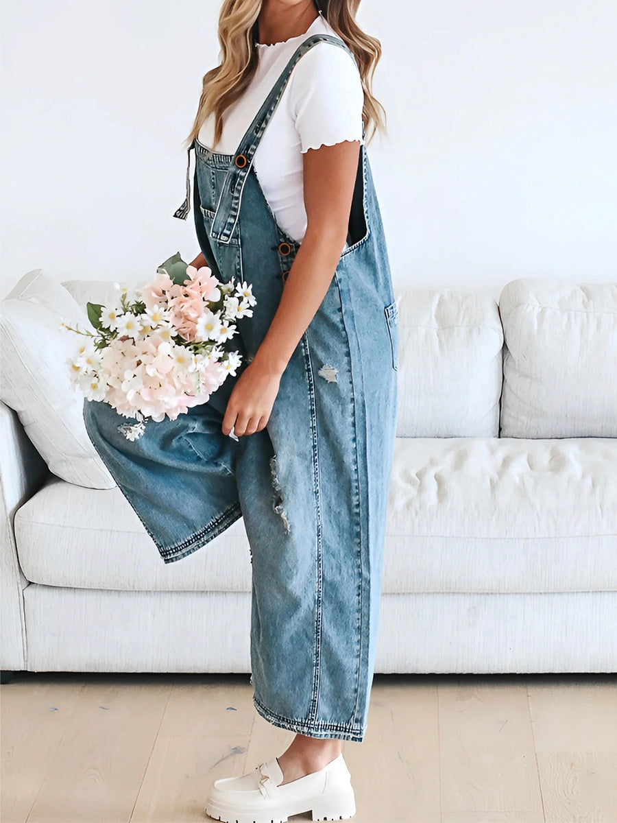 Loose Fit Distressed Denim Overalls  Drako™️